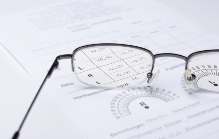 A paid of glasses sitting on top of a printed glasses prescription.
