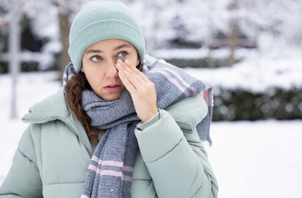 A woman outside during winter rubbing her left eye.