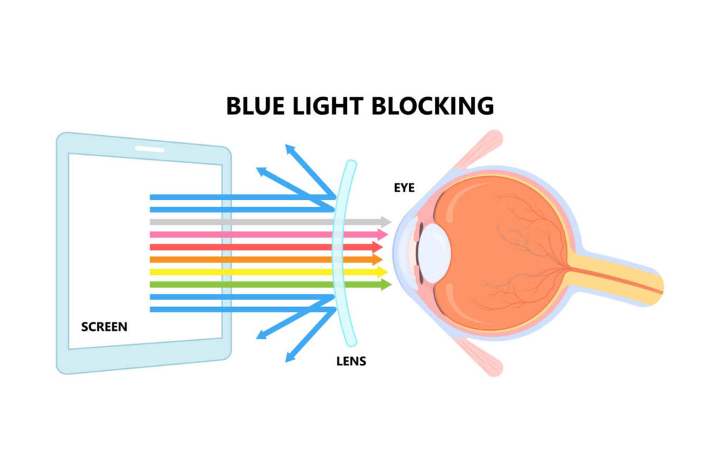 Diagram showing how blue light blocking lenses reflect blue light while allowing the rest of the visible spectrum rays to pass through to the eye. 