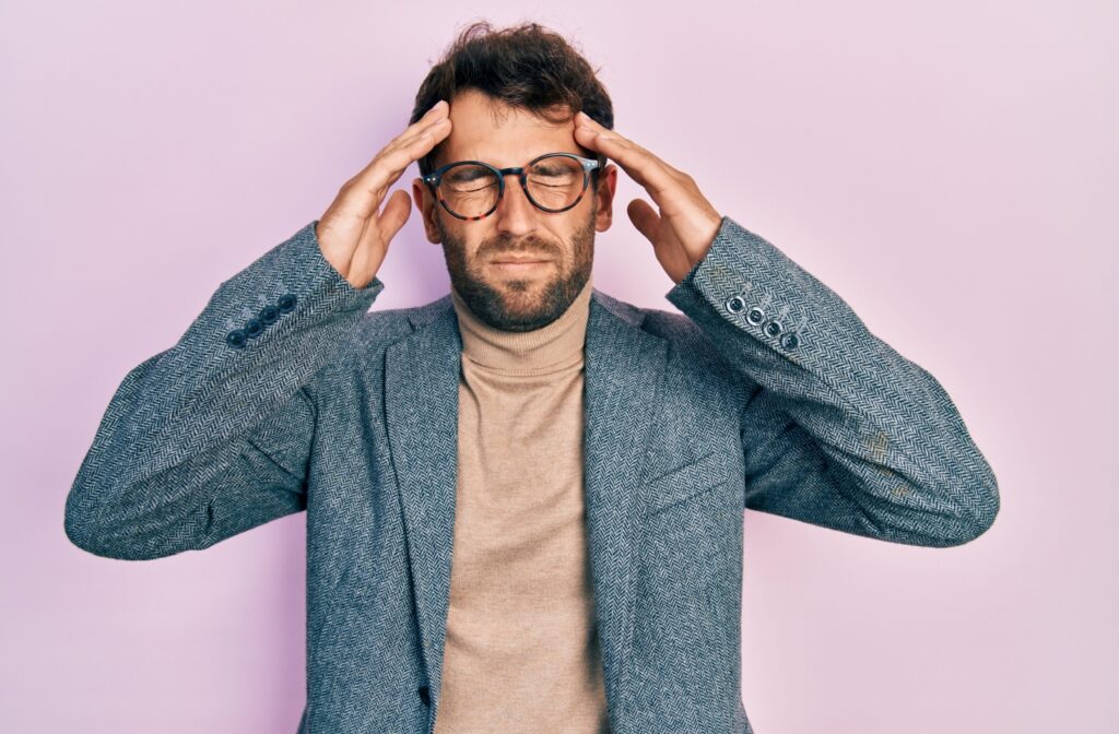 A patient massages their temples for headache relief caused by outdated prescription glasses.