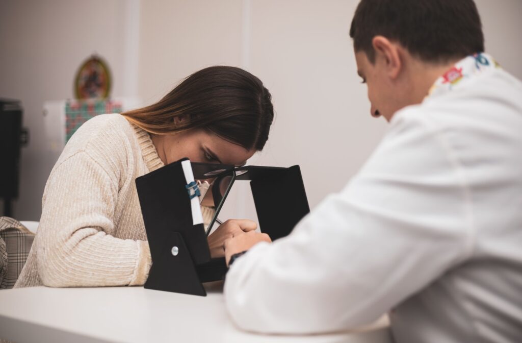 An adult undergoes a vision therapy exercise to help improve their vision.