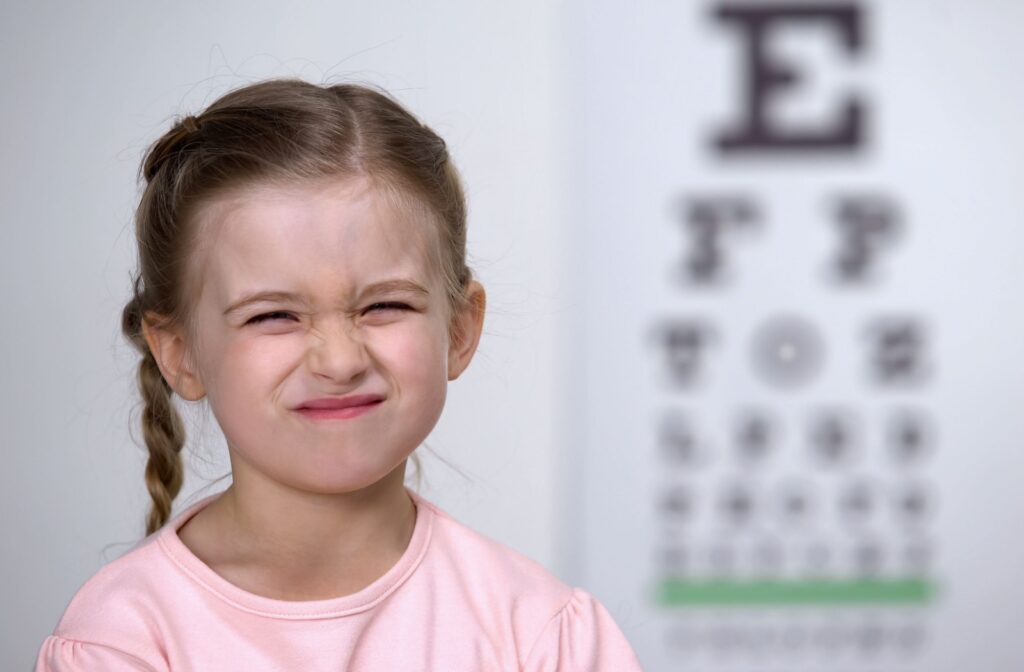 Young smiling girl squinting while standing in front of an eye chart.