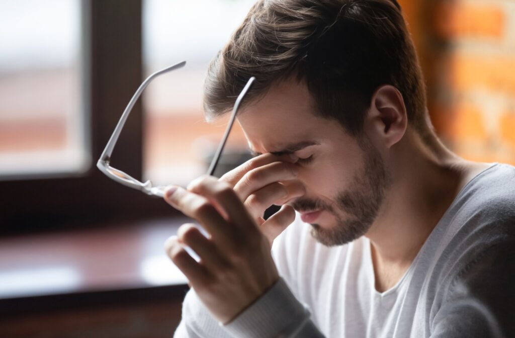 Young man holding glasses and rubbing strained eyes.