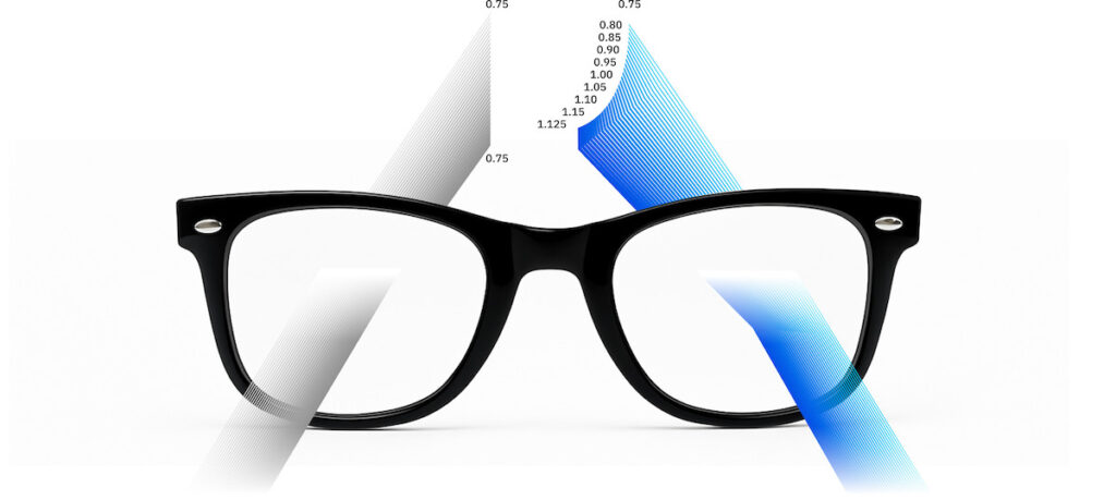 Illustration from Neurolens showing contoured prism lens technology, with black eyeglass frames overlaid by straight gray lines on one lens and curved blue gradient lines with scale markings on the other to demonstrate variable prism correction.