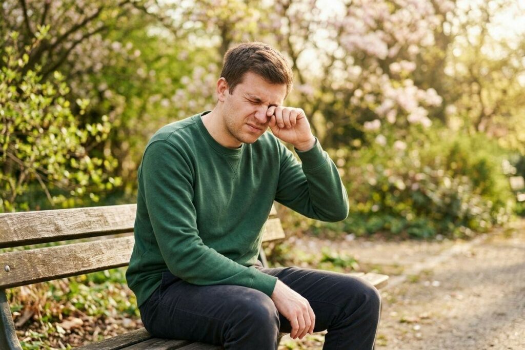 Adult man sitting on a park bench rubbing an irritated eye, surrounded by blooming spring trees, suggesting seasonal allergies.