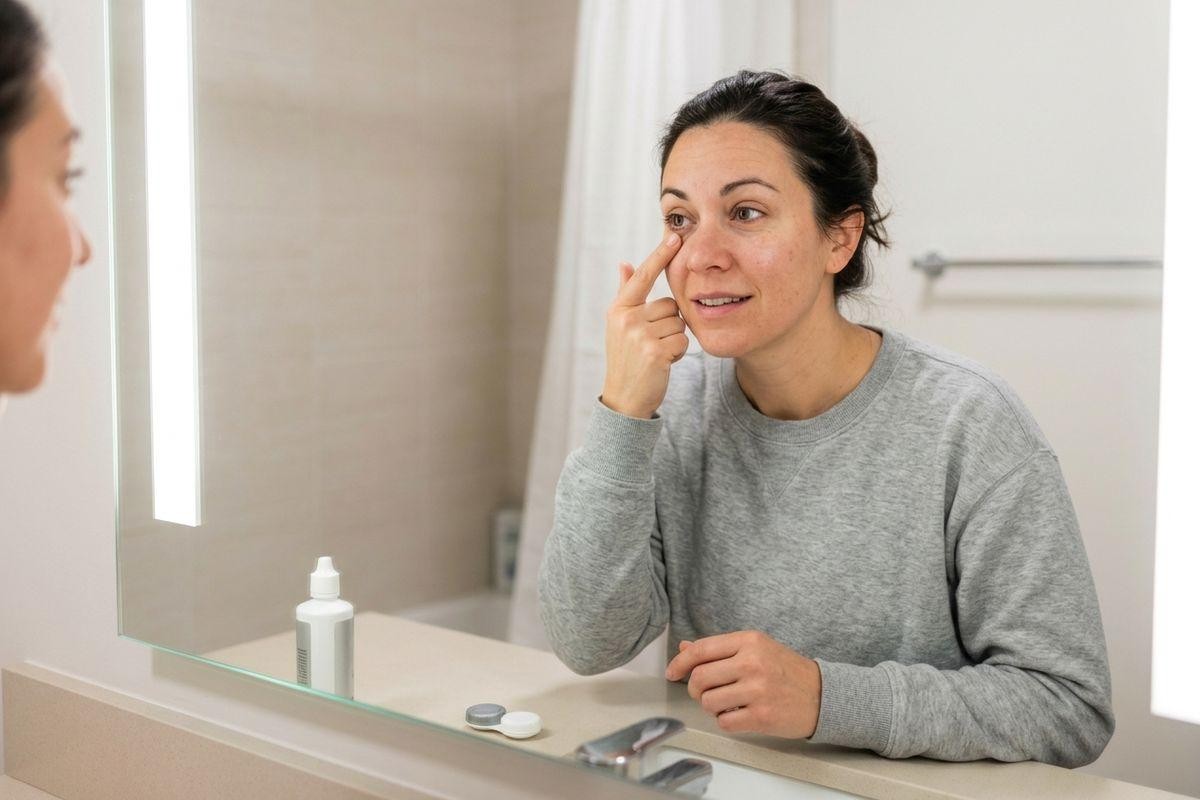 adult-inserting-a-contact-lens-while-looking-in-a-bathroom-mirror-with-a-contact Adult inserting a contact lens while looking in a bathroom mirror, with a contact lens case and solution bottle on the counter.