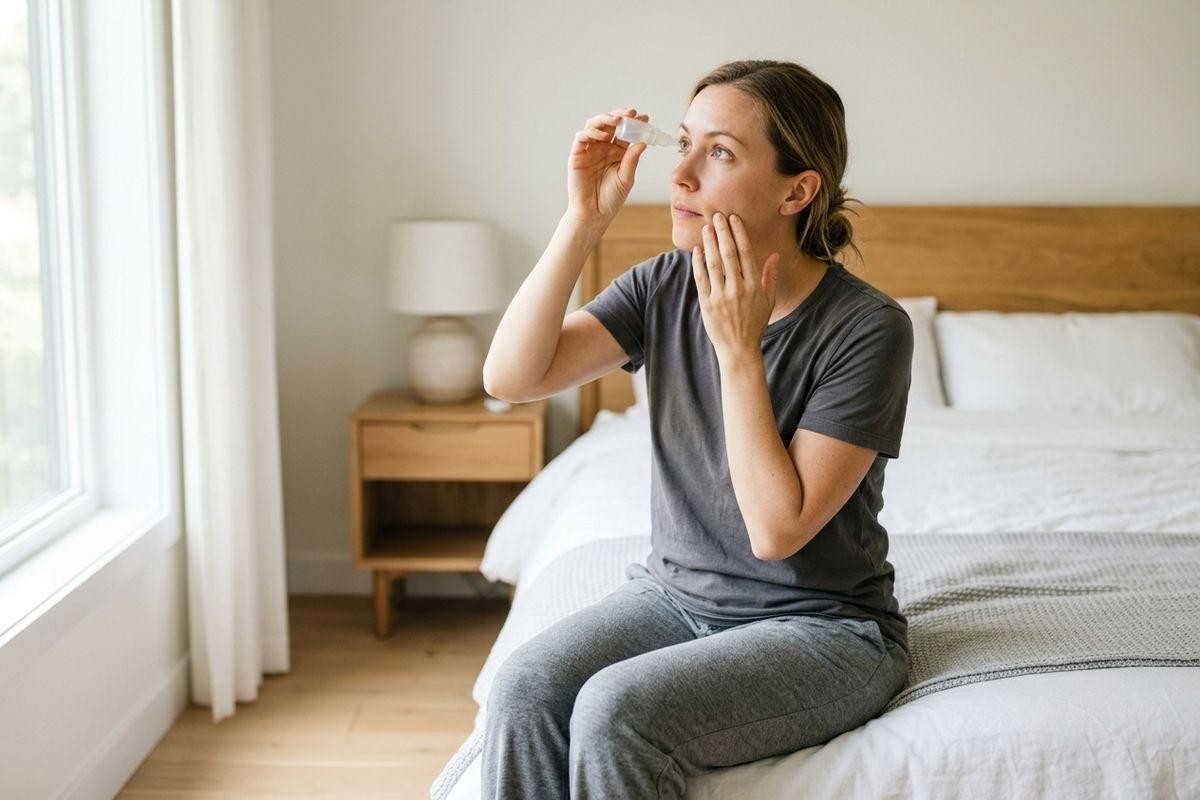 adult-sitting-on-a-bed-applying-eye-drops-from-a-small-bottle-one-hand-held-to-t Adult sitting on a bed applying eye drops from a small bottle, one hand held to their cheek, in a bright bedroom.