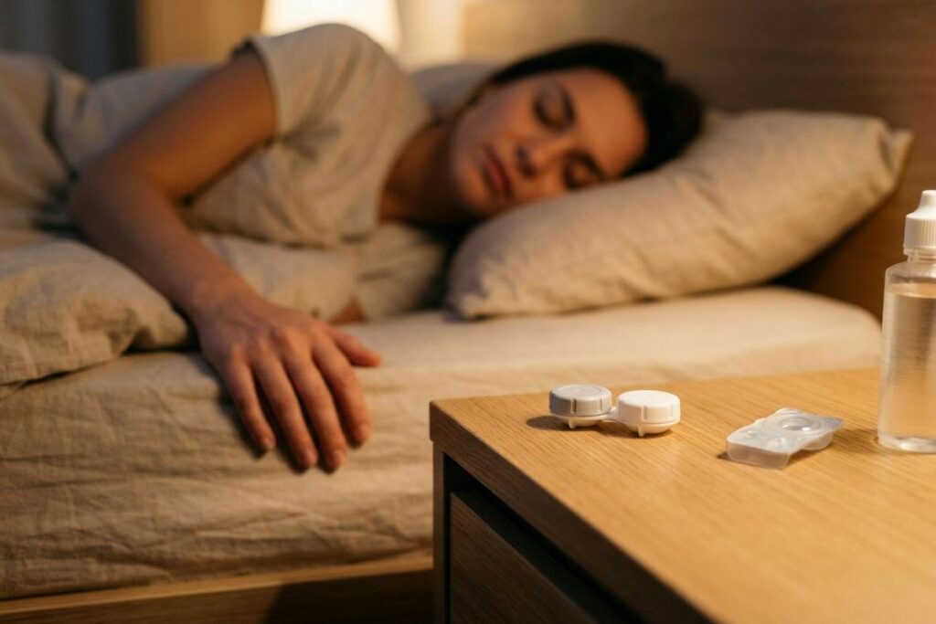 Adult sleeping in bed, with a contact lens case, blister pack, and solution bottle on the bedside table in the foreground.