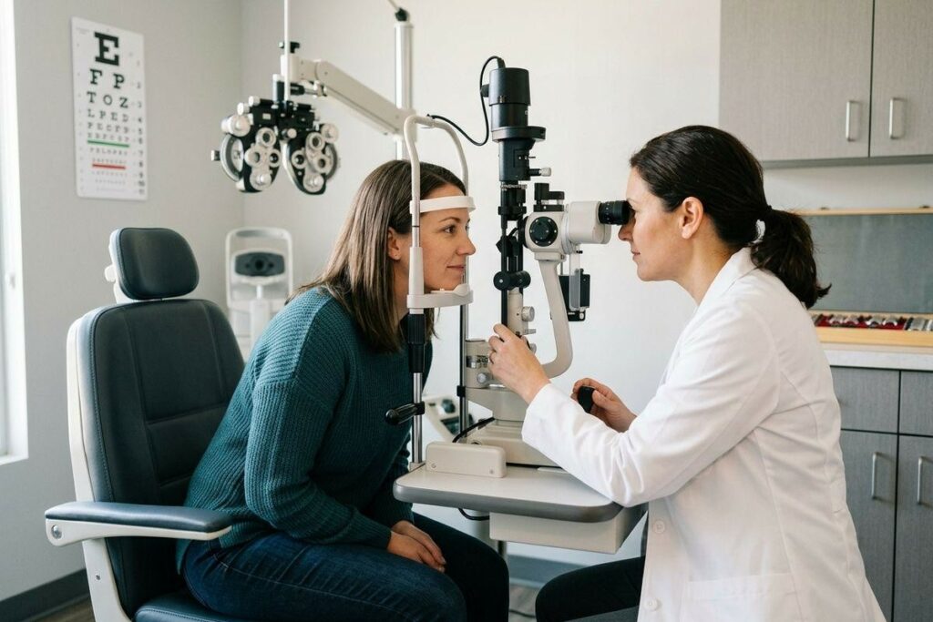 Optometrist examining a seated patient's eyes using a slit lamp in an eye exam room with an eye chart on the wall.