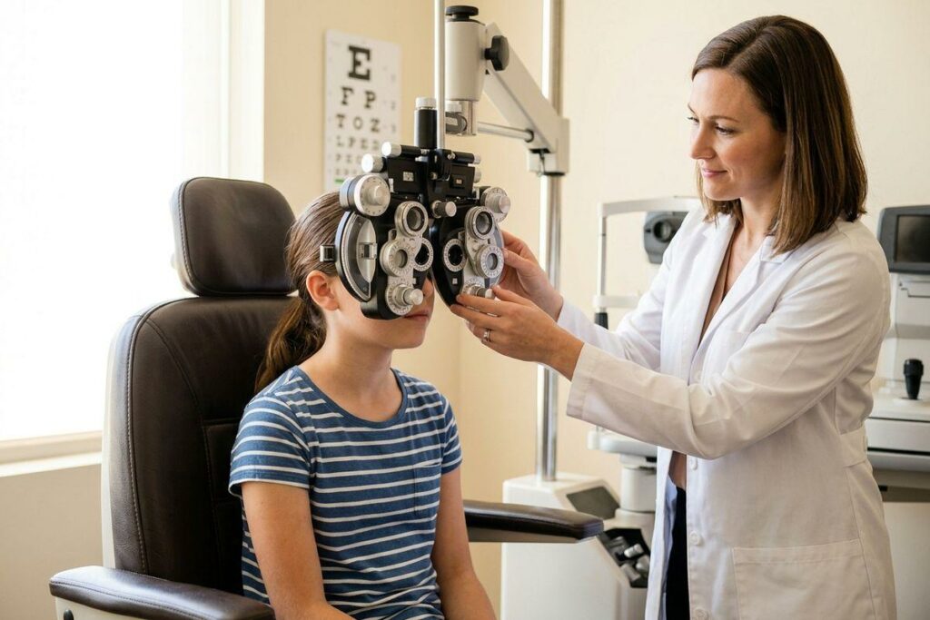 Optometrist adjusting a phoropter for a child seated in an exam chair, with an eye chart on the wall behind.