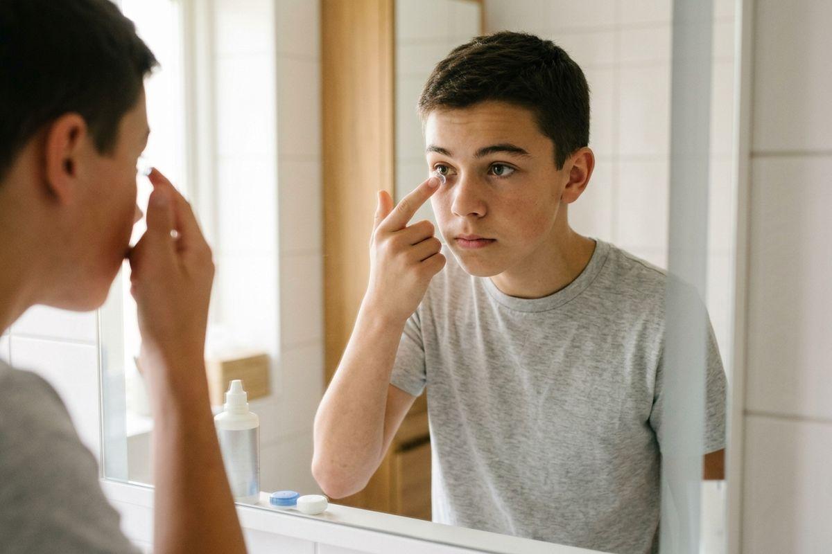 Teen inserting a contact lens into their eye while looking in a bathroom mirror, with lens case and solution nearby.