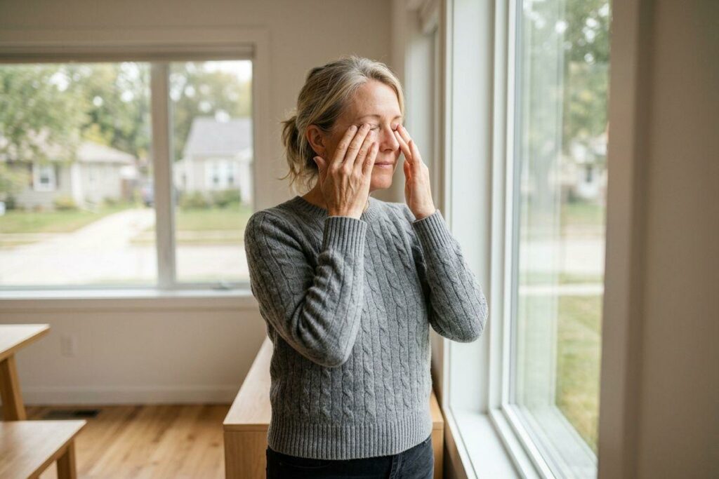 An adult in a grey knit sweater standing by a bright window indoors, eyes closed, rubbing both eyes with fingertips.