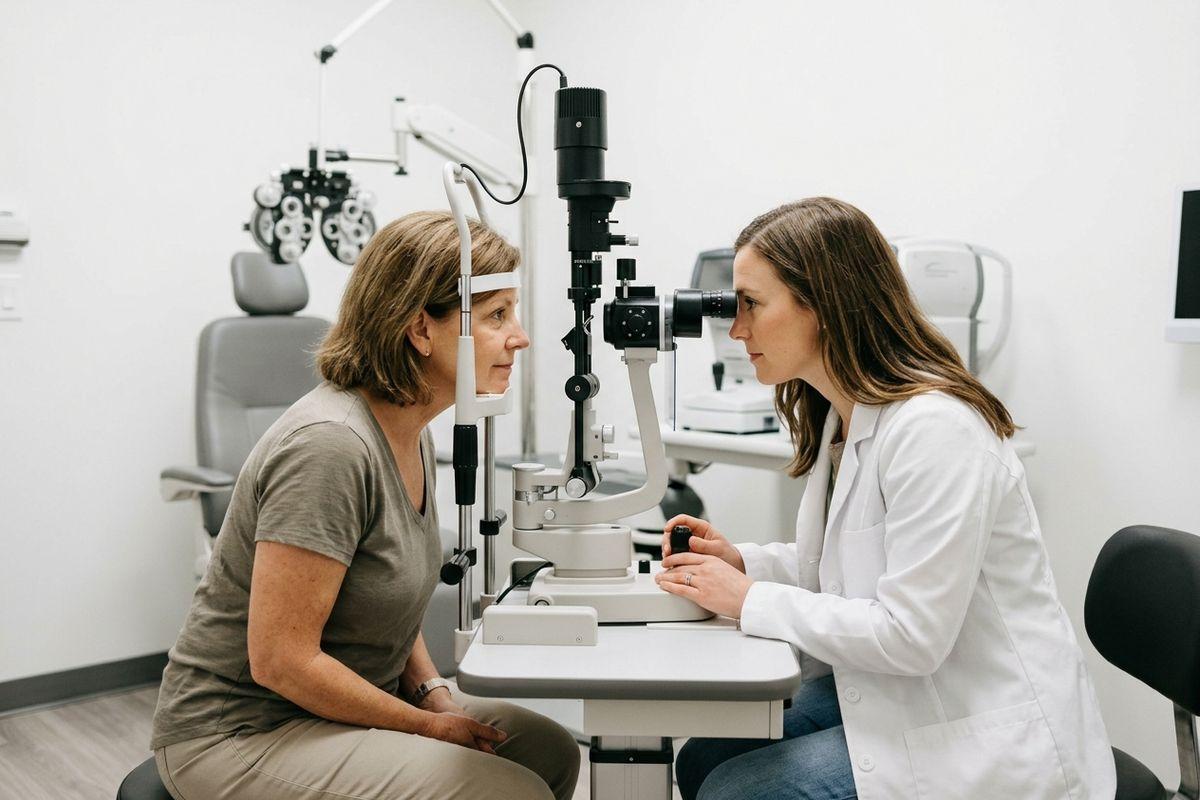 Optometrist examining a patient's eyes with a slit lamp in an exam room, both seated facing each other.