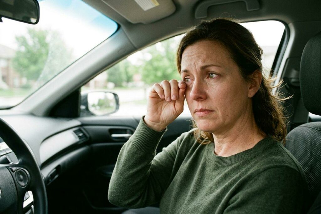 Person crying in a car, wiping tears from their eye while looking out the window.